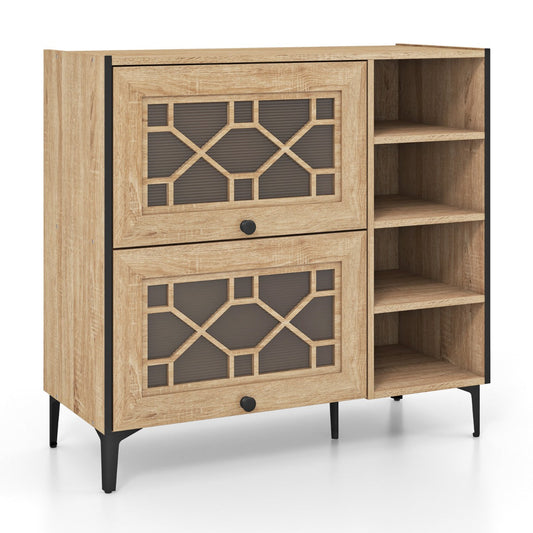 Freestanding Shoe Organizer with Flip Doors Adjustable Shelves-Oak