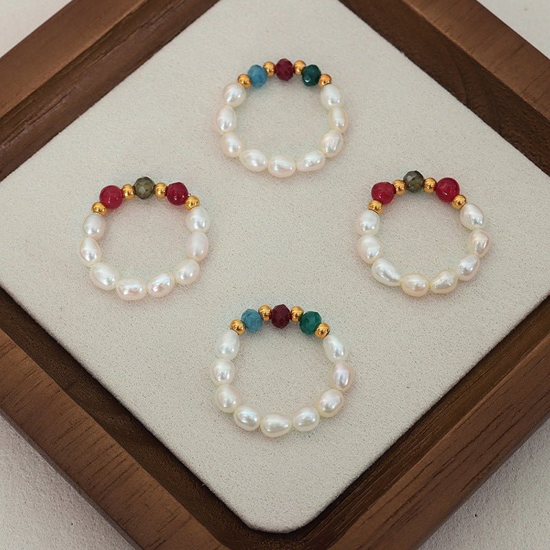 Freshwater Pearl And Agate Beaded Stretchy Cord Ring | Luxury Home Accessories | Heulog Glow