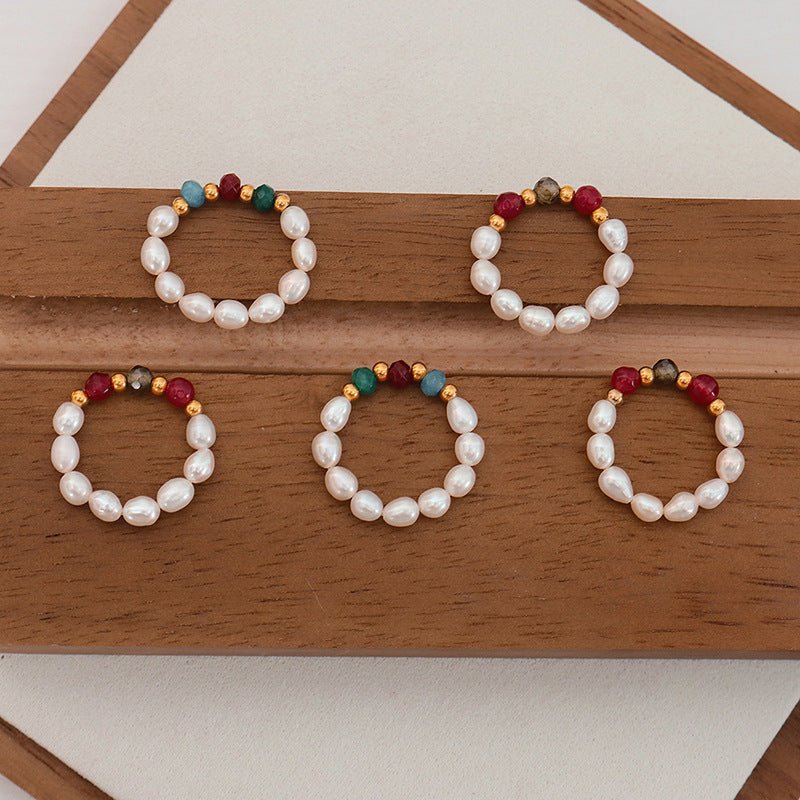 Freshwater Pearl And Agate Beaded Stretchy Cord Ring | Luxury Home Accessories | Heulog Glow