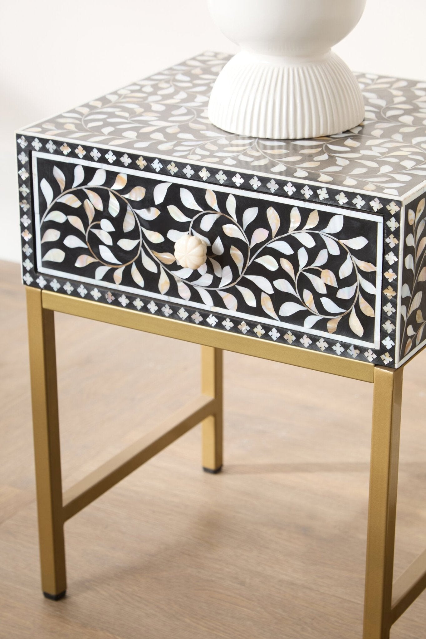 Fusion 1 Drawer Side Table with Bone Inlay | Luxury Home Accessories | Heulog Glow