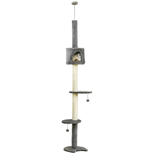 PawHut Floor to Ceiling Cat Tree for Indoor Cats, Kitten Tower, Condo, Multi-Layer Activity Center, Indoor Pet Play House with Solid Scratching Post Hanging Balls, Light Grey