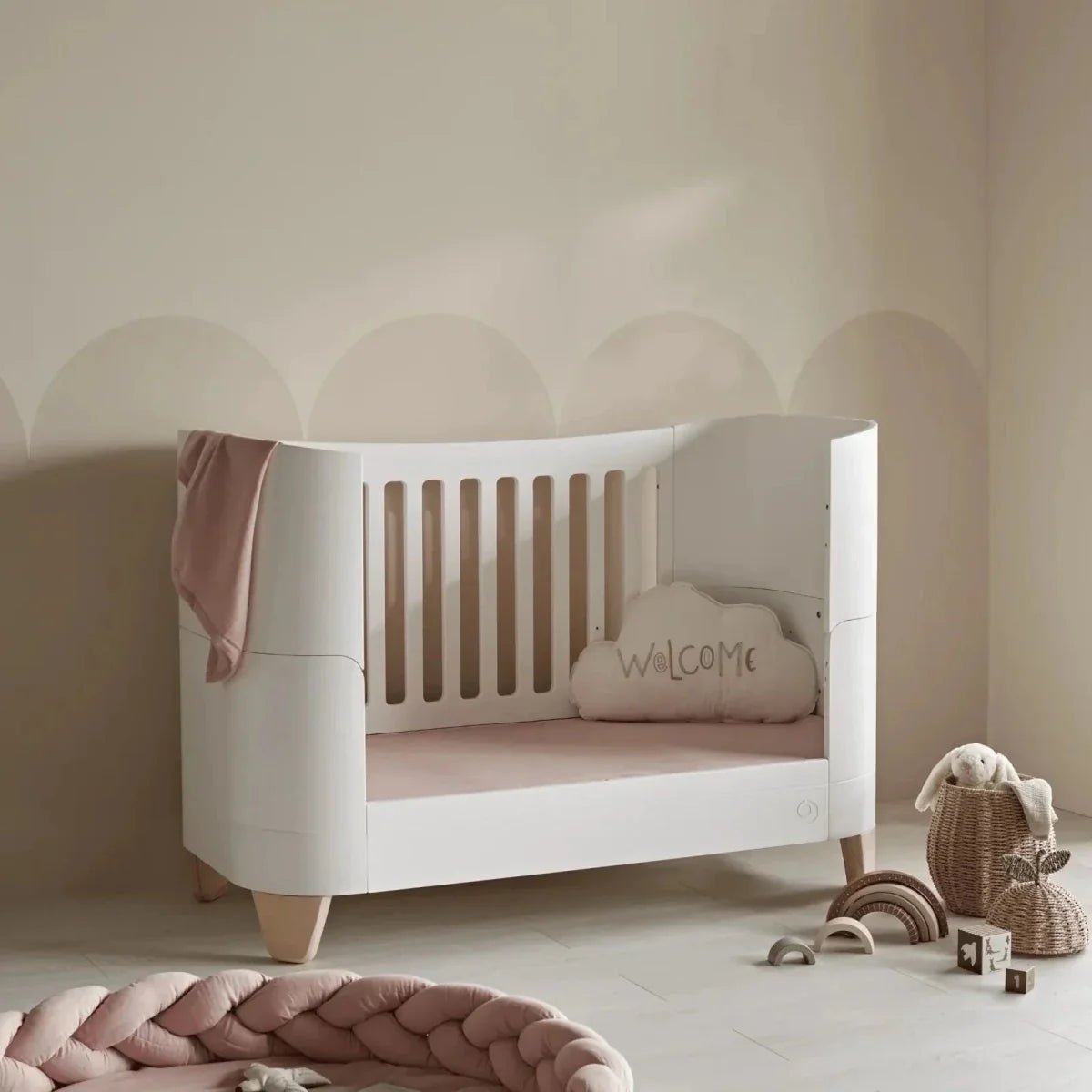 Gaia Baby Serena Cot Bed and Bedside Crib Set - White/Natural | Luxury Home Accessories | Heulog Glow