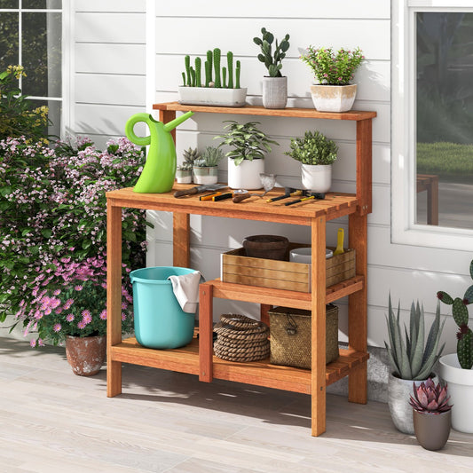 Garden Potting Bench Table with Open Shelves and Teak Oil Finish