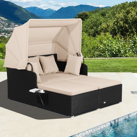 Garden Rattan Daybed with Retractable Canopy and Cushions-Beige