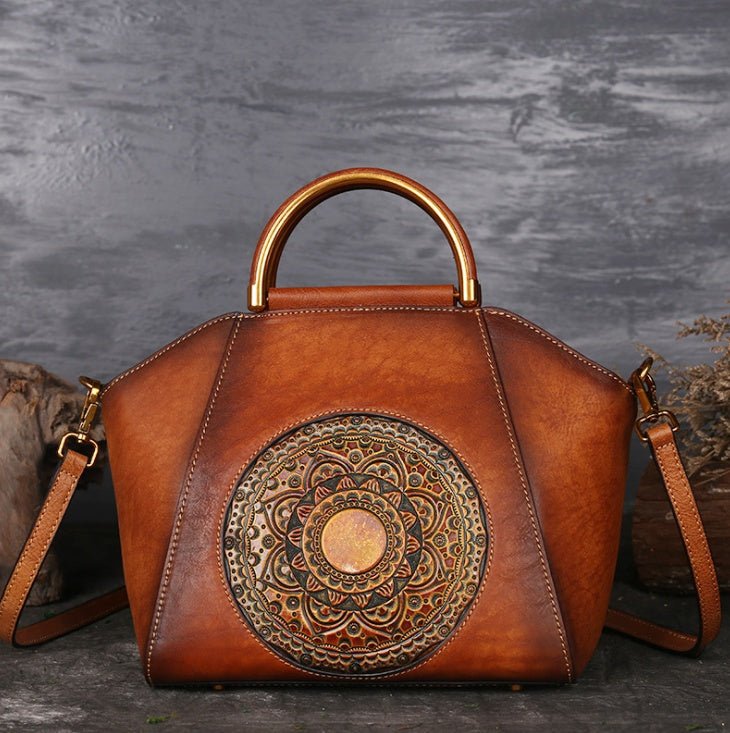 Genuine Embossed Leather Messenger Top Handle Bag Retro Handbag Totem Pattern High Quality Natural Skin Women Shoulder Tote Bags | Luxury Home Accessories | Heulog Glow