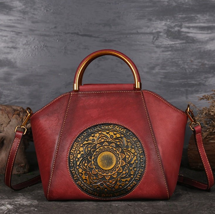Genuine Embossed Leather Messenger Top Handle Bag Retro Handbag Totem Pattern High Quality Natural Skin Women Shoulder Tote Bags | Luxury Home Accessories | Heulog Glow