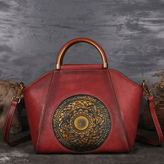 Genuine Embossed Leather Messenger Top Handle Bag Retro Handbag Totem Pattern High Quality Natural Skin Women Shoulder Tote Bags | Luxury Home Accessories | Heulog Glow