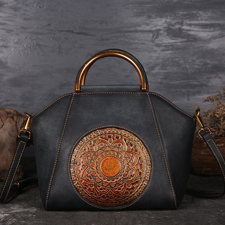 Genuine Embossed Leather Messenger Top Handle Bag Retro Handbag Totem Pattern High Quality Natural Skin Women Shoulder Tote Bags | Luxury Home Accessories | Heulog Glow