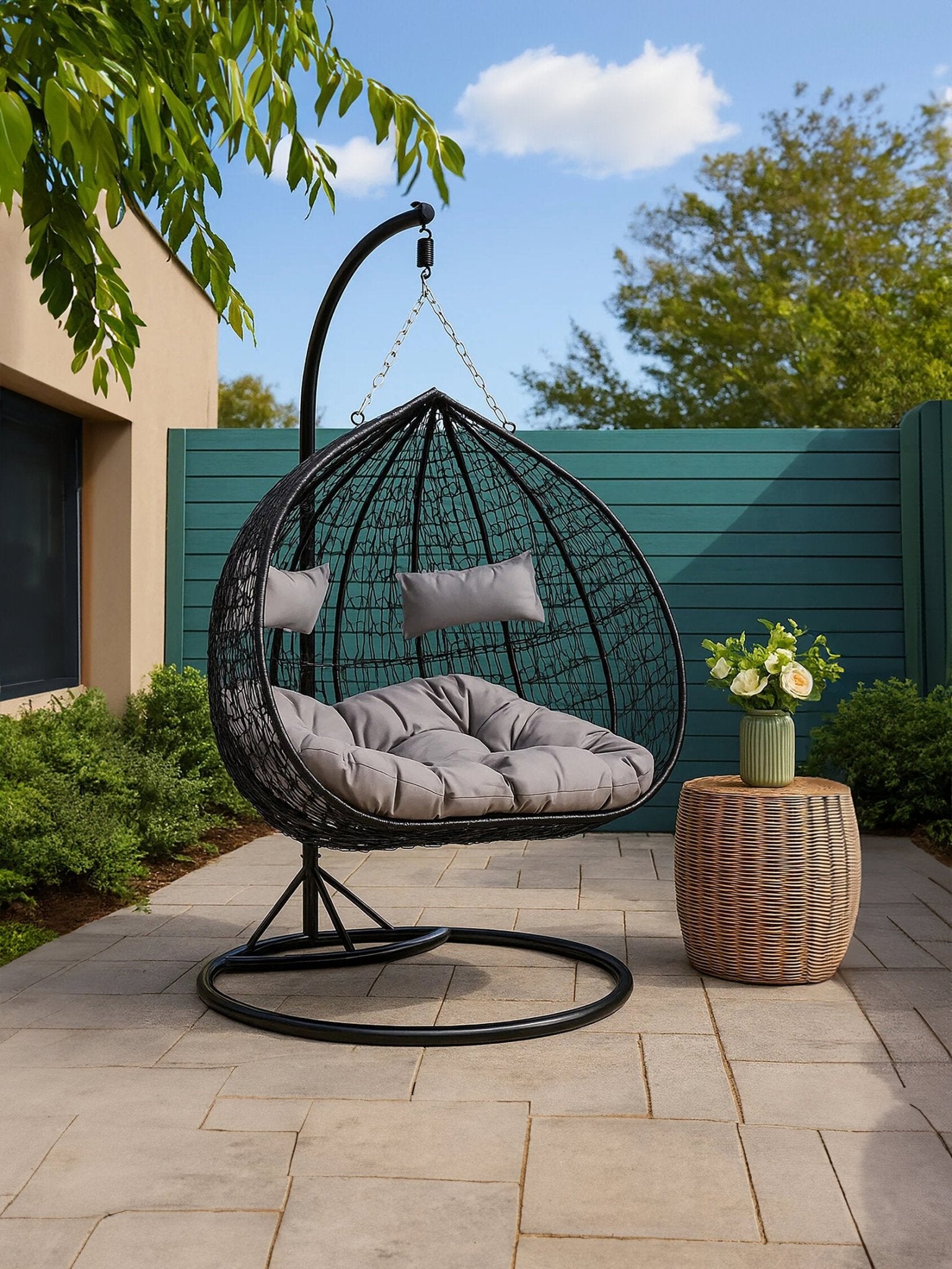 Goa Black Rattan Effect Double Hanging Chair With Grey Cushions | Luxury Home Accessories | Heulog Glow