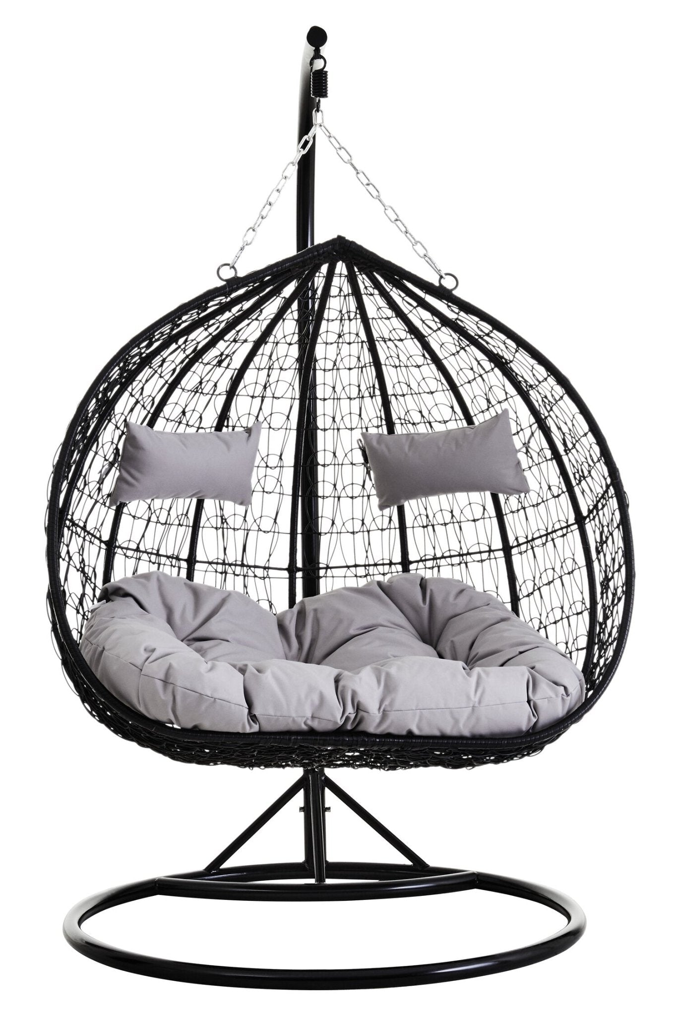Goa Black Rattan Effect Double Hanging Chair With Grey Cushions | Luxury Home Accessories | Heulog Glow