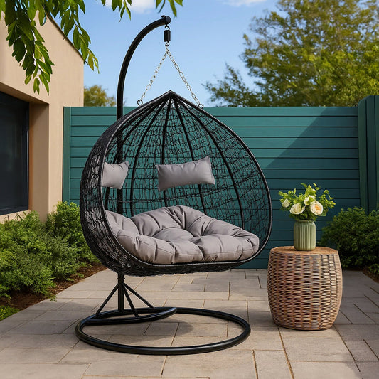 Goa Black Rattan Effect Double Hanging Chair With Grey Cushions | Luxury Home Accessories | Heulog Glow