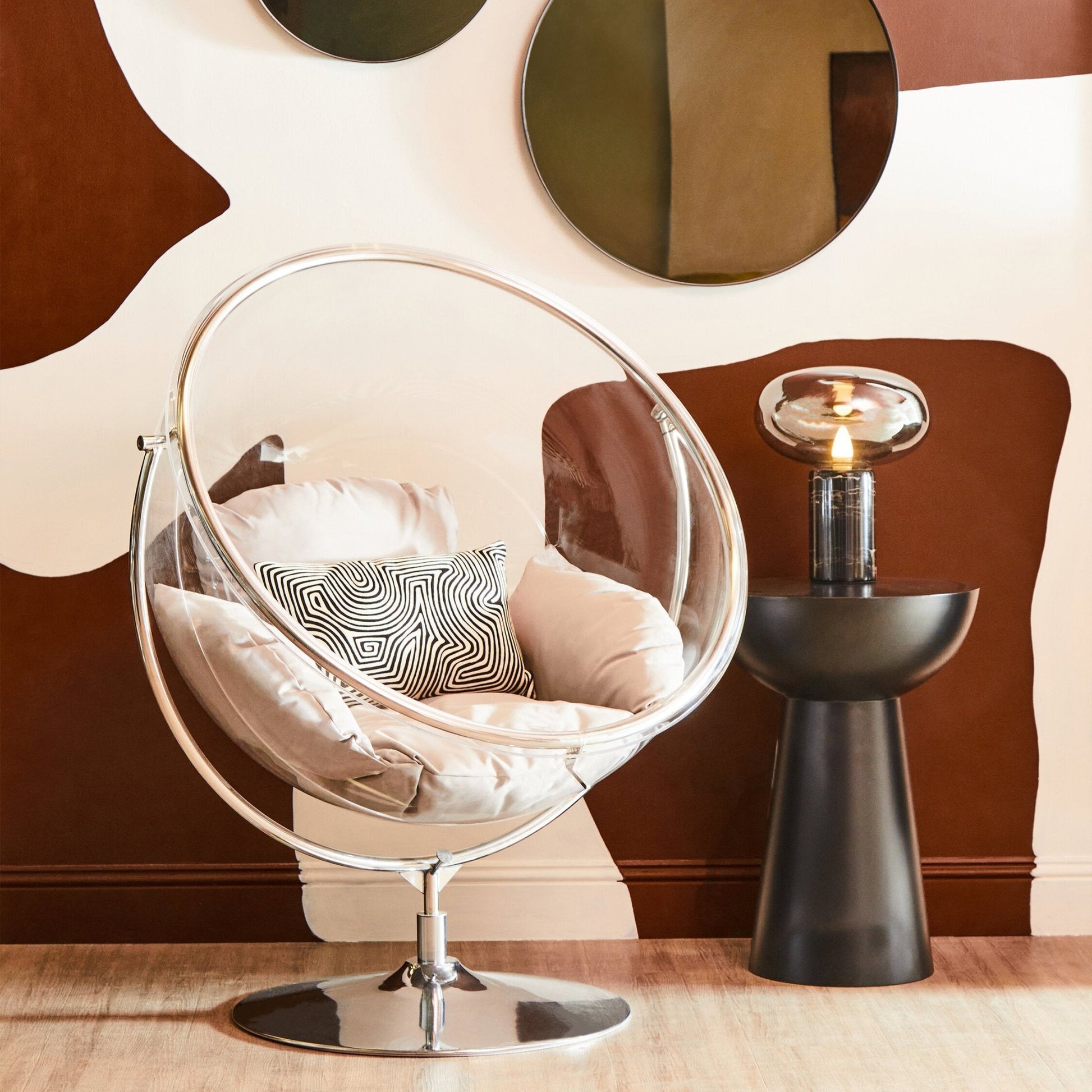 Goa Clear Swing Chair With Grey Cushions | Luxury Home Accessories | Heulog Glow