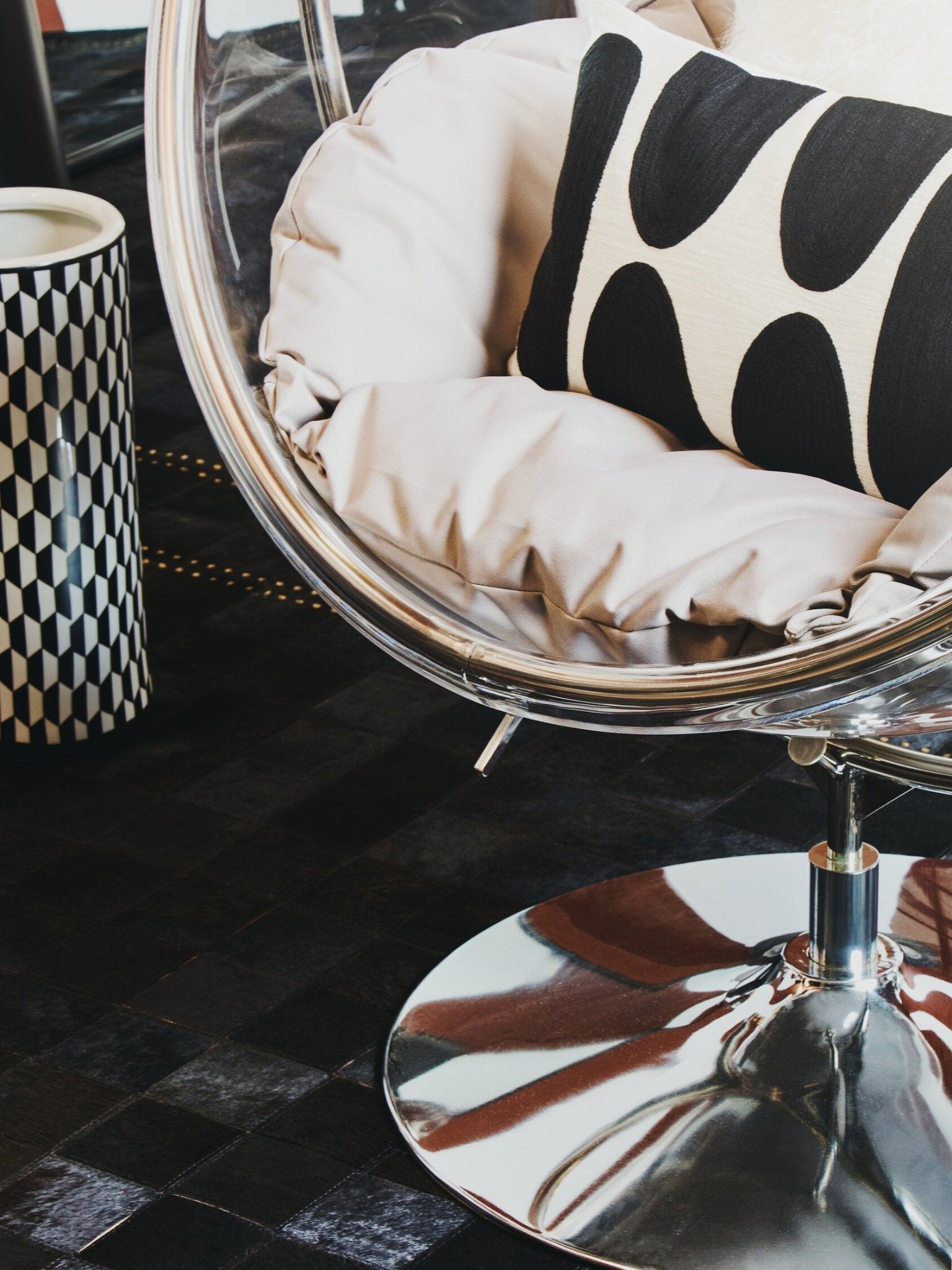 Goa Clear Swing Chair With Grey Cushions | Luxury Home Accessories | Heulog Glow