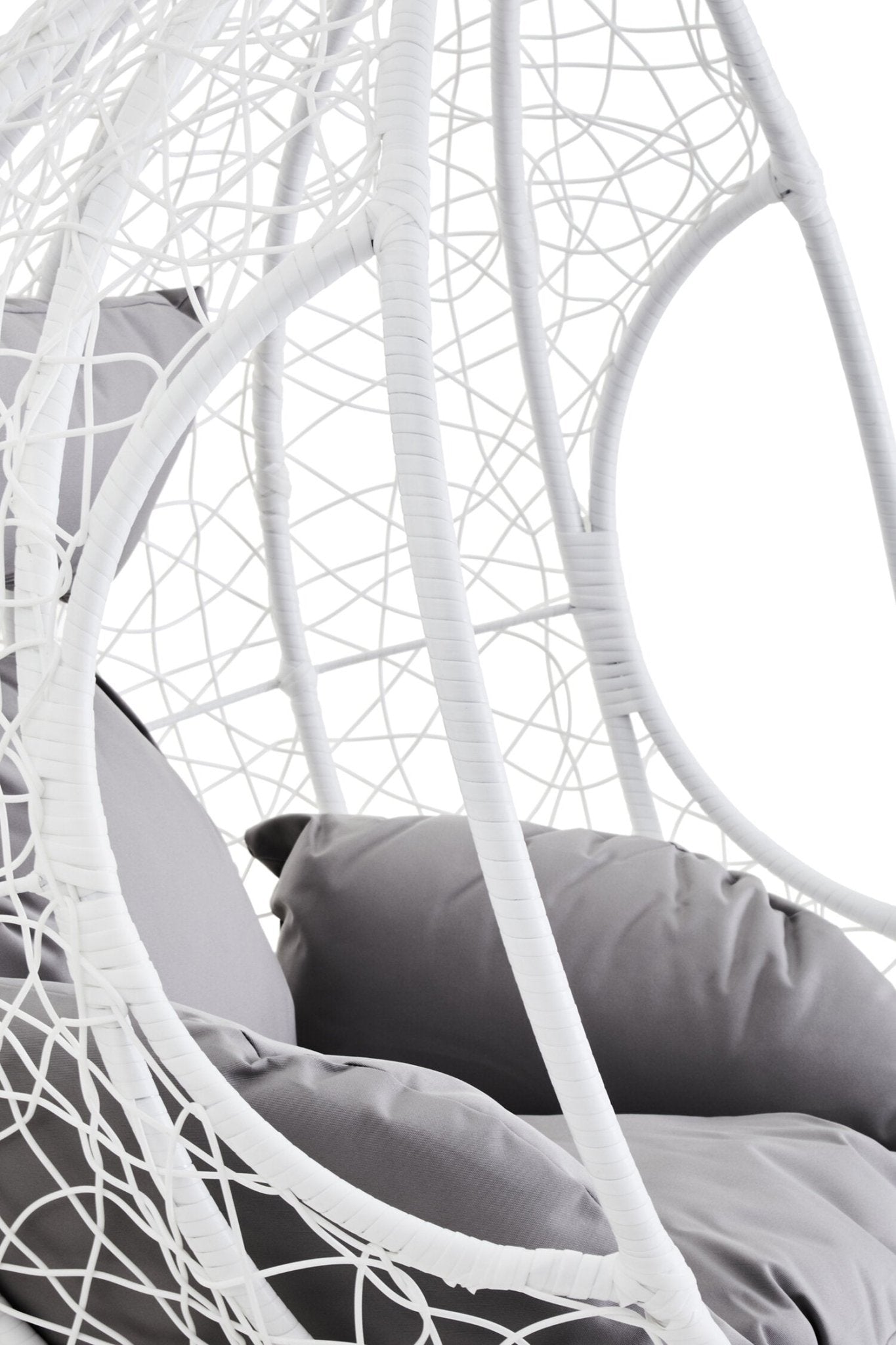 Goa White Rattan Effect Hanging Chair with Grey Cushions | Luxury Home Accessories | Heulog Glow