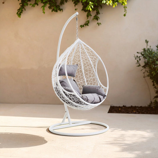 Goa White Rattan Effect Hanging Chair with Grey Cushions | Luxury Home Accessories | Heulog Glow