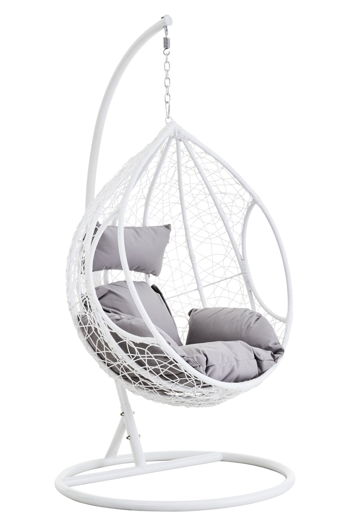 Goa White Rattan Effect Hanging Chair with Grey Cushions | Luxury Home Accessories | Heulog Glow