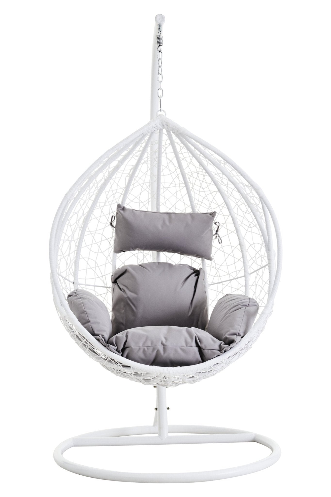 Goa White Rattan Effect Hanging Chair with Grey Cushions | Luxury Home Accessories | Heulog Glow