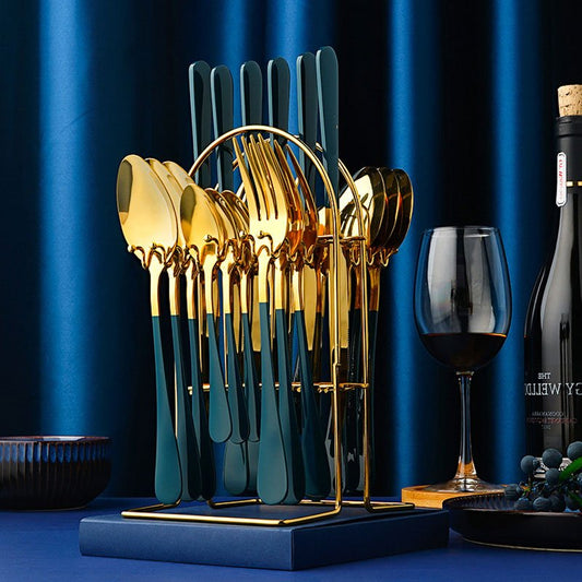 Gold Dinnerware Set Stainless Steel Tableware Set Knife Fork Spoon Luxury Cutlery Set With Storage Rack Dishwasher | Luxury Home Accessories | Heulog Glow