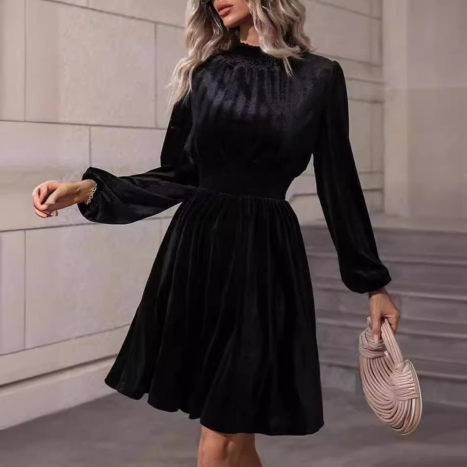 Graceful Stand Collar Solid Color Velvet Long Sleeve Dress | Luxury Home Accessories | Heulog Glow