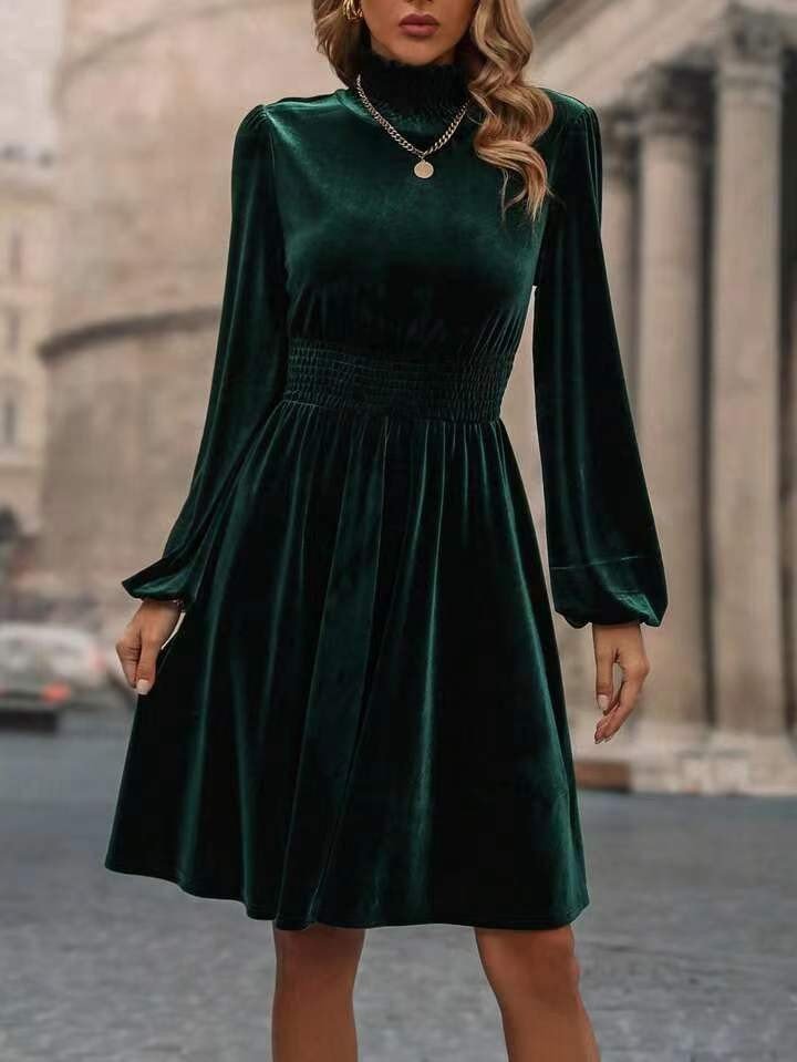 Graceful Stand Collar Solid Color Velvet Long Sleeve Dress | Luxury Home Accessories | Heulog Glow