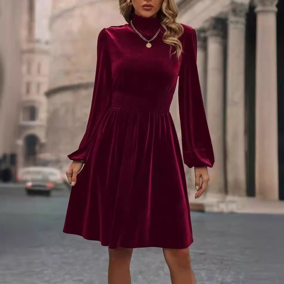 Graceful Stand Collar Solid Color Velvet Long Sleeve Dress | Luxury Home Accessories | Heulog Glow