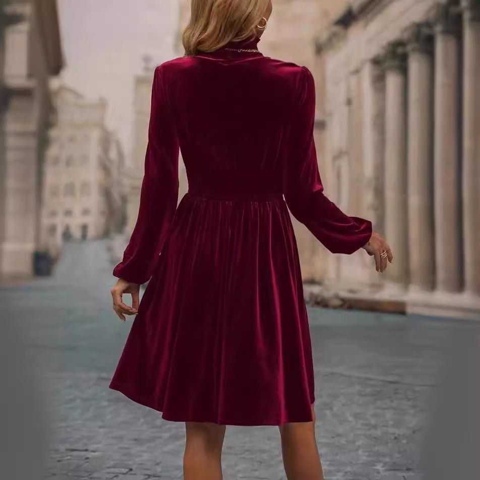 Graceful Stand Collar Solid Color Velvet Long Sleeve Dress | Luxury Home Accessories | Heulog Glow