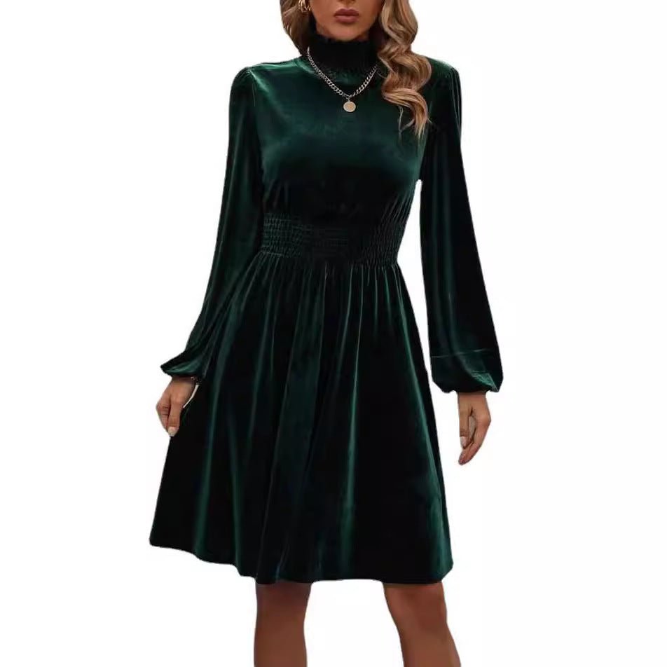 Graceful Stand Collar Solid Color Velvet Long Sleeve Dress | Luxury Home Accessories | Heulog Glow