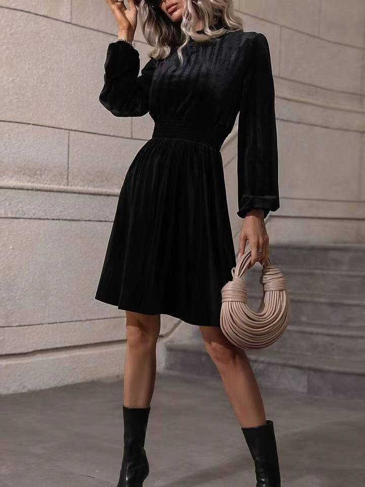 Graceful Stand Collar Solid Color Velvet Long Sleeve Dress | Luxury Home Accessories | Heulog Glow