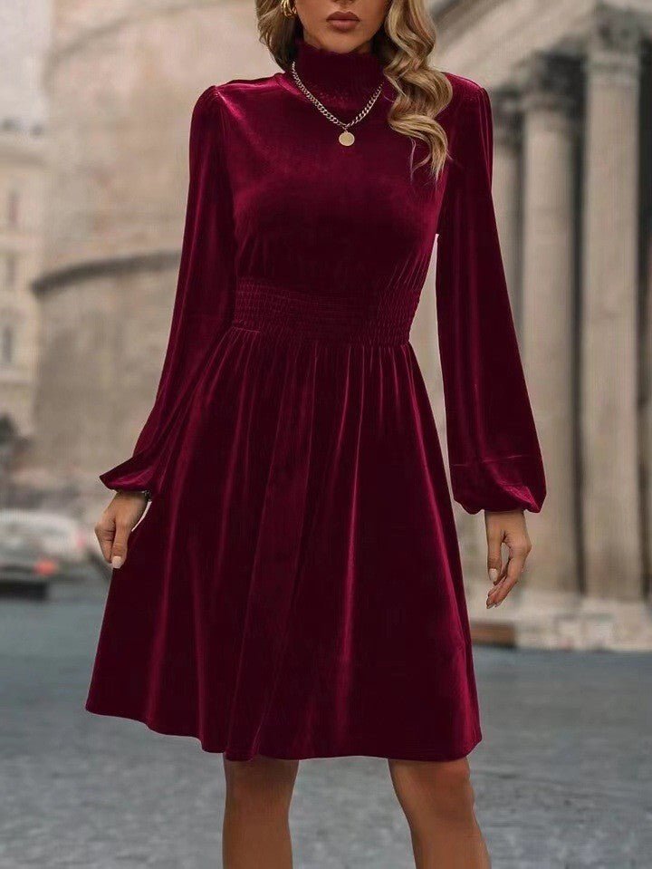 Graceful Stand Collar Solid Color Velvet Long Sleeve Dress | Luxury Home Accessories | Heulog Glow