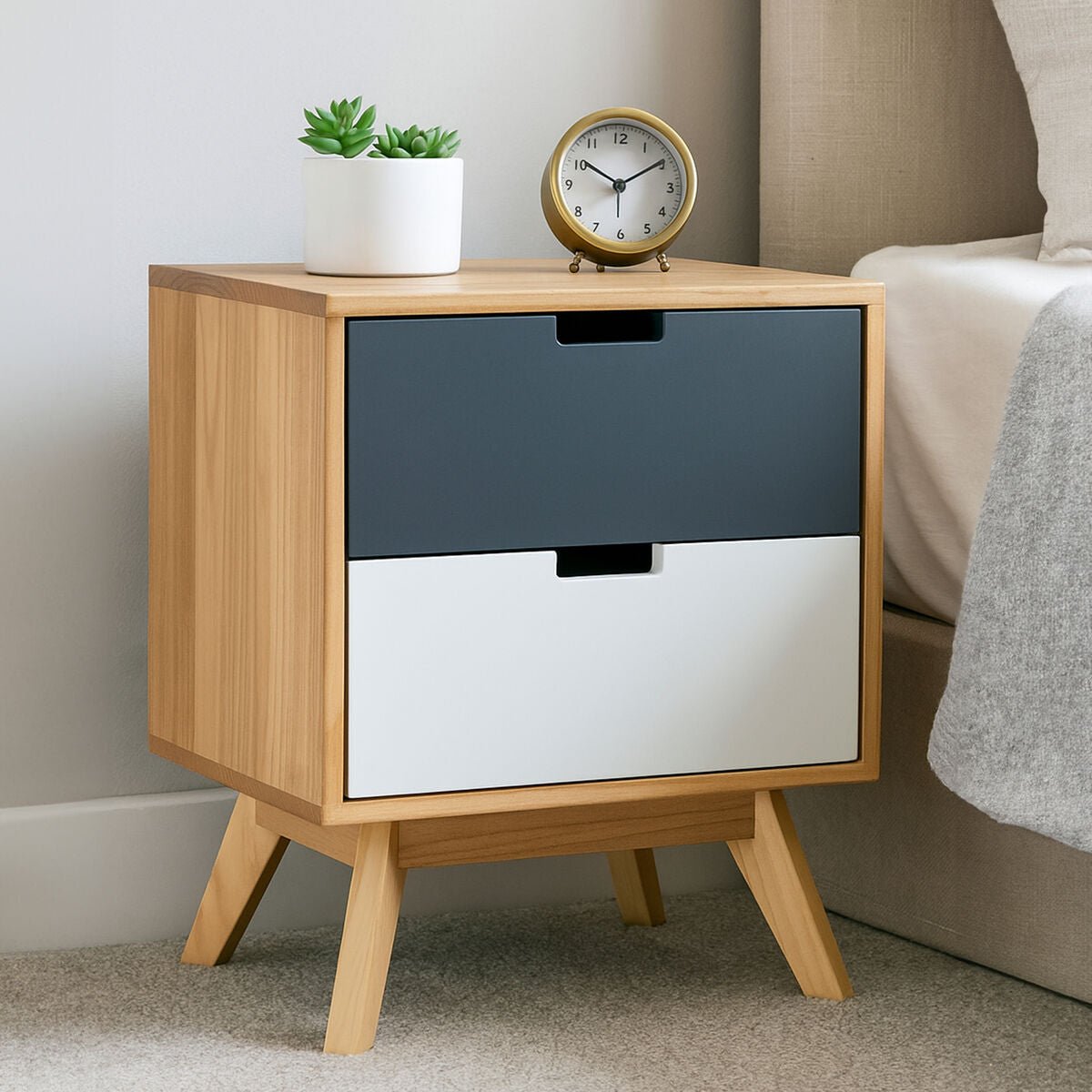 Grey and White Two-Drawer Bedside Table with Natural Wood Finish Frame | Watson | Luxury Home Accessories | Heulog Glow
