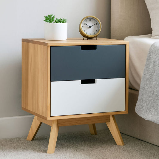 Grey and White Two-Drawer Bedside Table with Natural Wood Finish Frame | Watson | Luxury Home Accessories | Heulog Glow