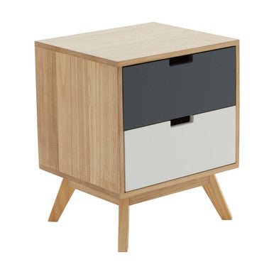 Grey and White Two-Drawer Bedside Table with Natural Wood Finish Frame | Watson | Luxury Home Accessories | Heulog Glow