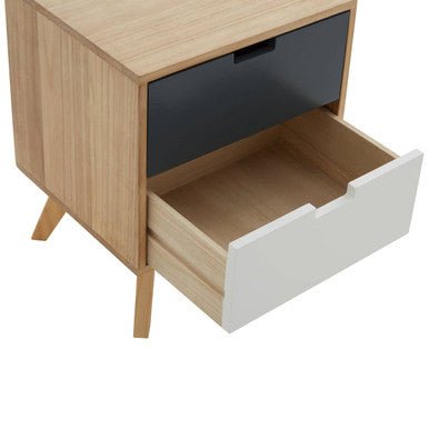 Grey and White Two-Drawer Bedside Table with Natural Wood Finish Frame | Watson | Luxury Home Accessories | Heulog Glow