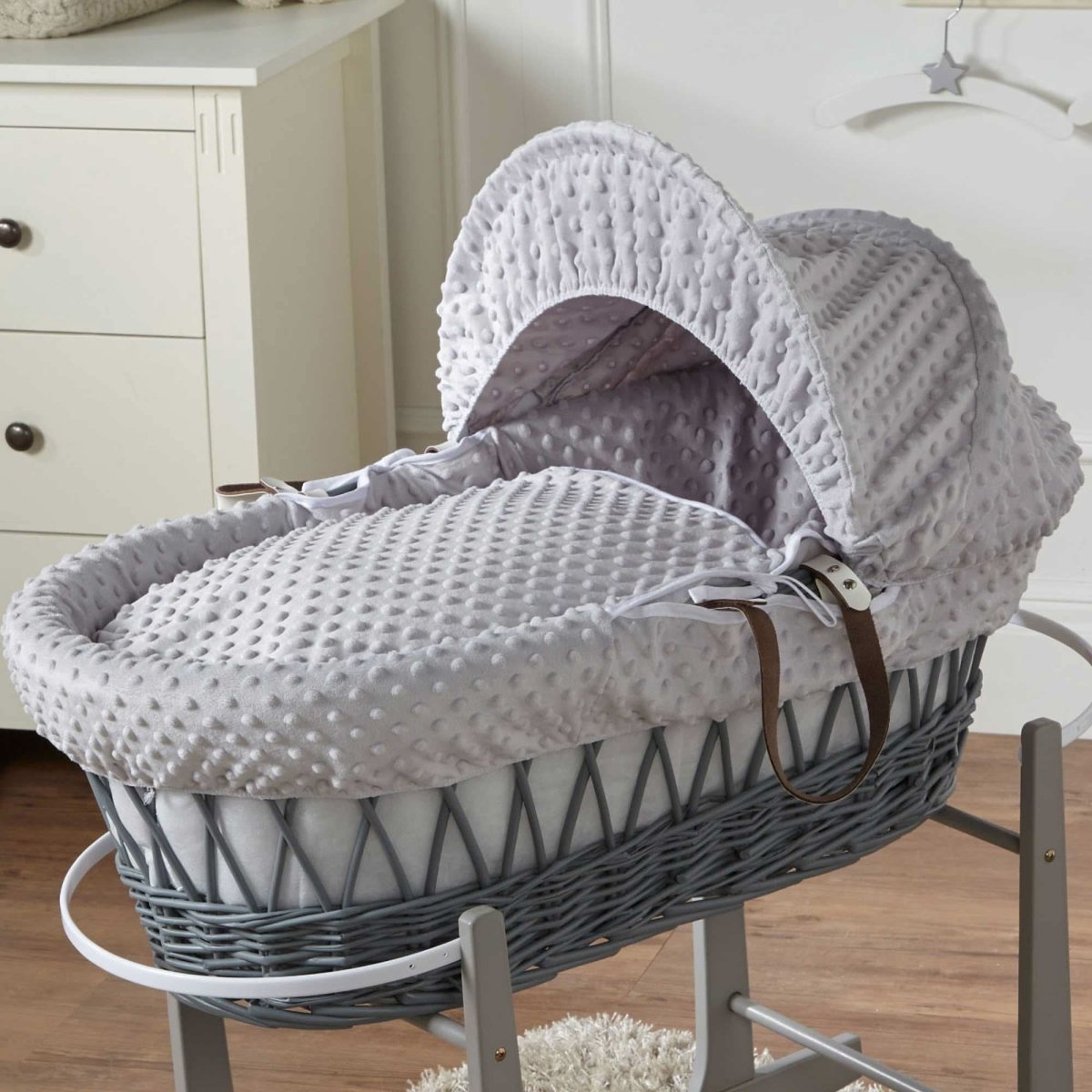 Grey Dimple Grey Wicker Baby Moses Basket With Stand | Luxury Home Accessories | Heulog Glow
