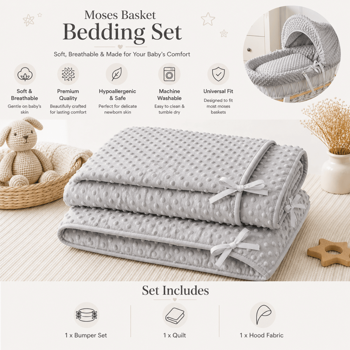 Grey Dimple Moses Basket Bedding Set (Basket Not Included!) | Luxury Home Accessories | Heulog Glow