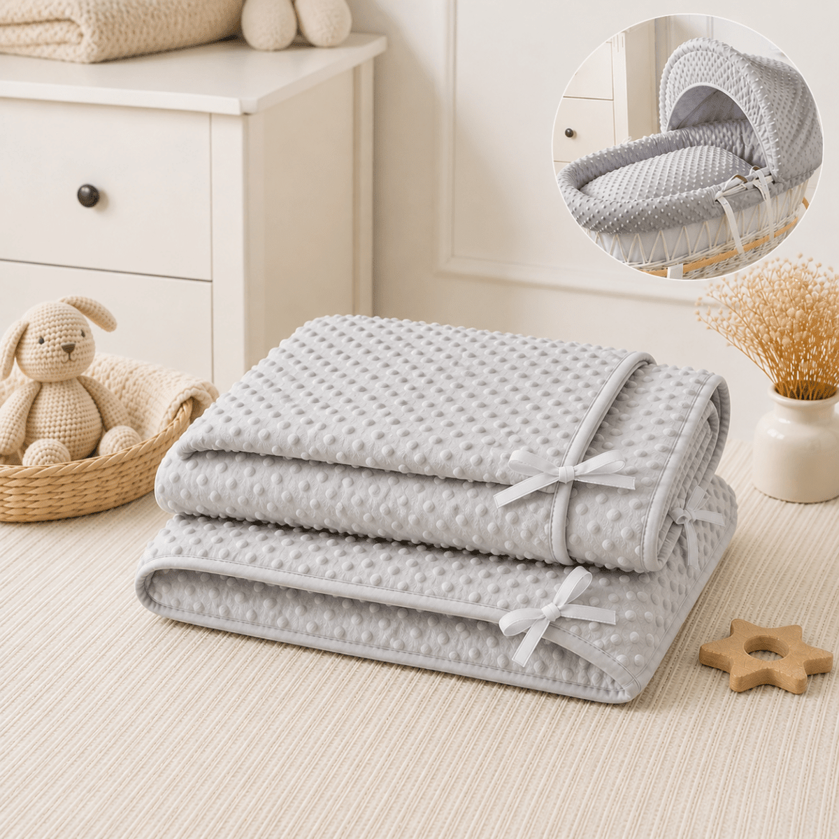 Grey Dimple Moses Basket Bedding Set (Basket Not Included!) | Luxury Home Accessories | Heulog Glow