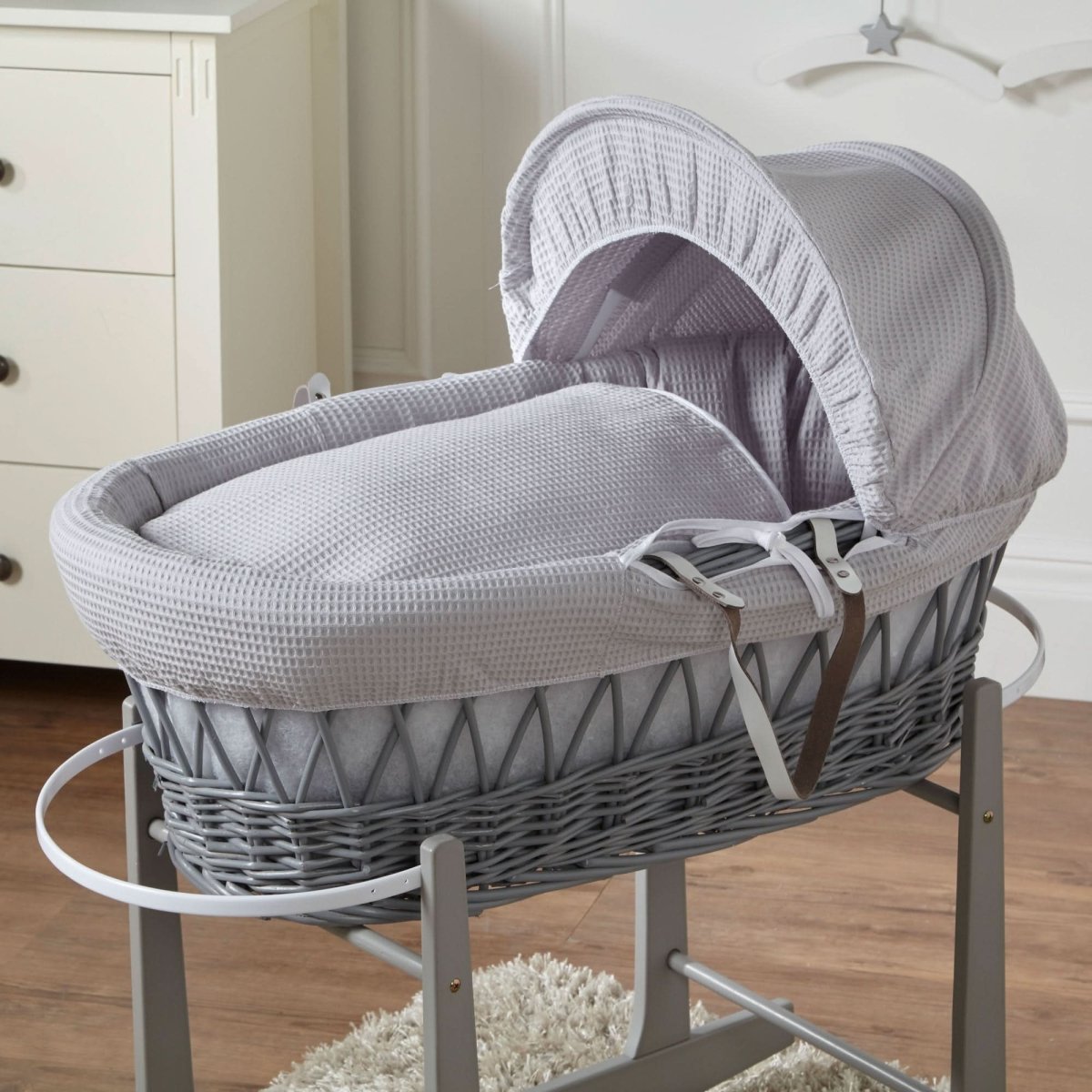 Grey Waffle Grey Wicker Baby Moses Basket With Stand | Luxury Home Accessories | Heulog Glow