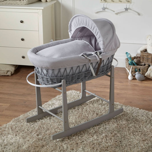 Grey Waffle Grey Wicker Baby Moses Basket With Stand | Luxury Home Accessories | Heulog Glow
