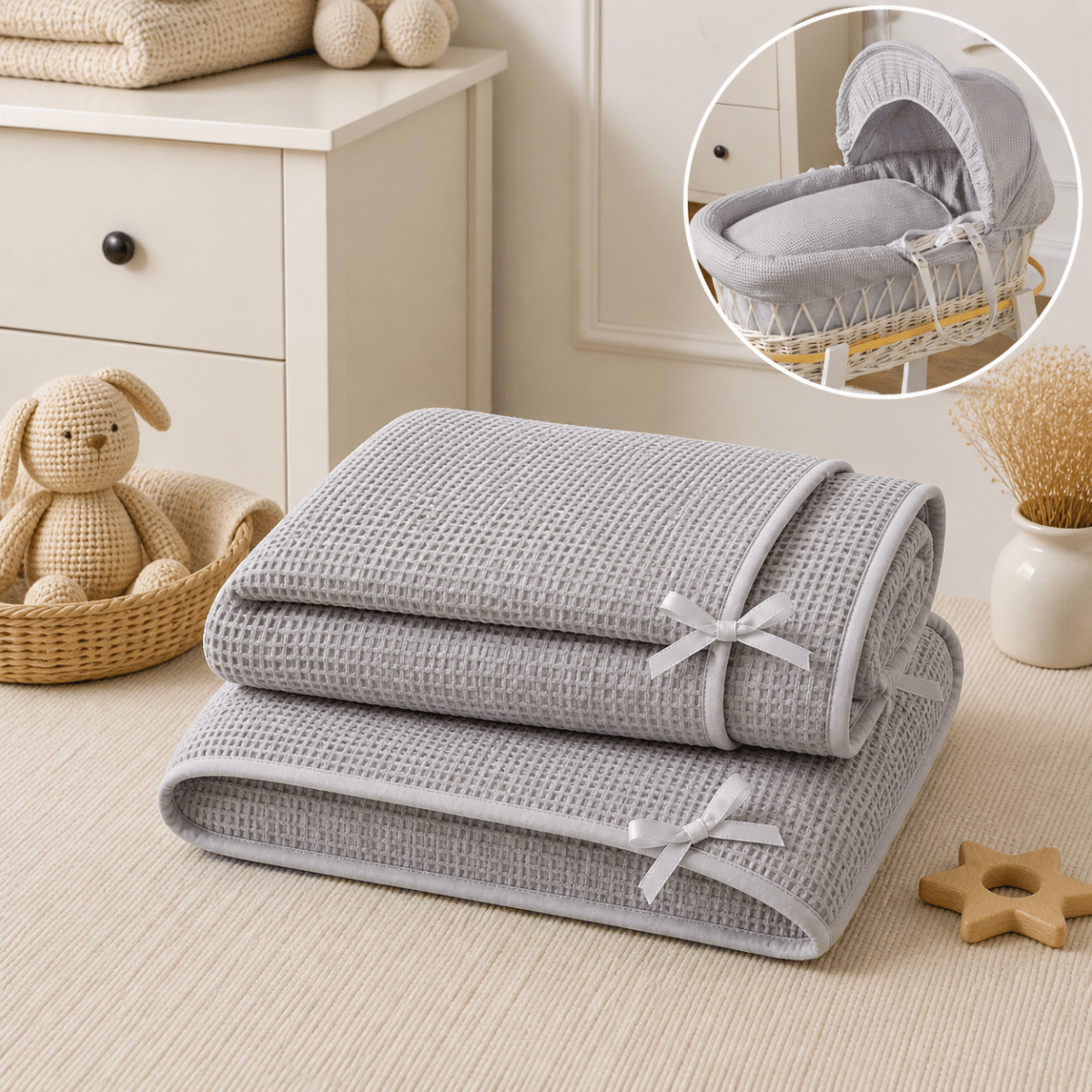 Grey Waffle Moses Basket Bedding Set (Basket Not Included!) | Luxury Home Accessories | Heulog Glow