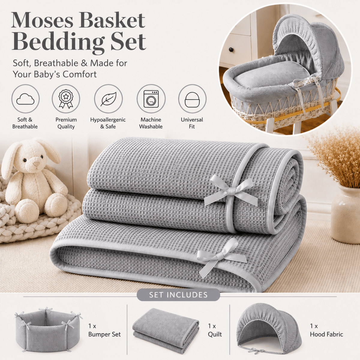 Grey Waffle Moses Basket Bedding Set (Basket Not Included!) | Luxury Home Accessories | Heulog Glow