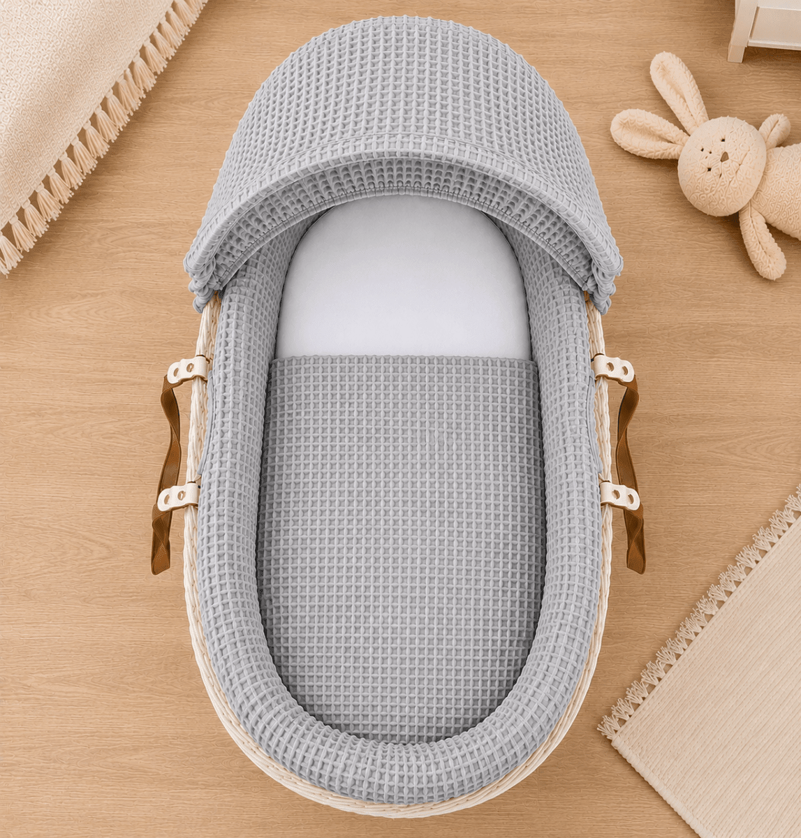Grey Waffle Moses Basket Bedding Set (Basket Not Included!) | Luxury Home Accessories | Heulog Glow