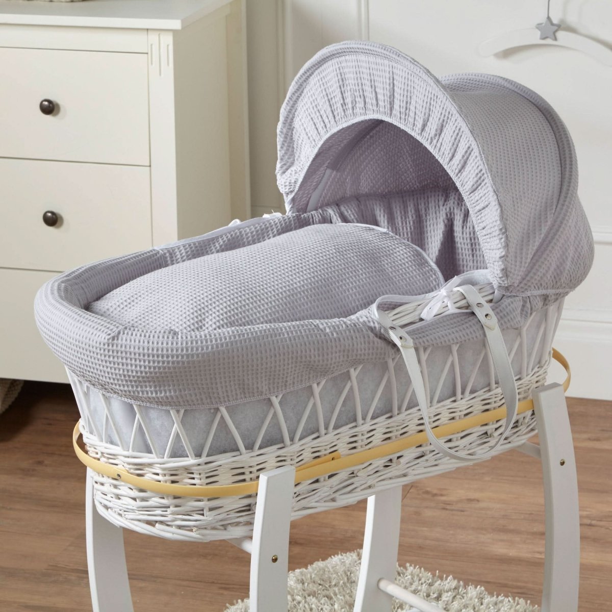 Grey Waffle White Wicker Baby Moses Basket With Stand | Luxury Home Accessories | Heulog Glow