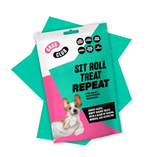 Grub Club Sit Roll Treat Repeat Dog Treats 100g | Luxury Home Accessories | Heulog Glow