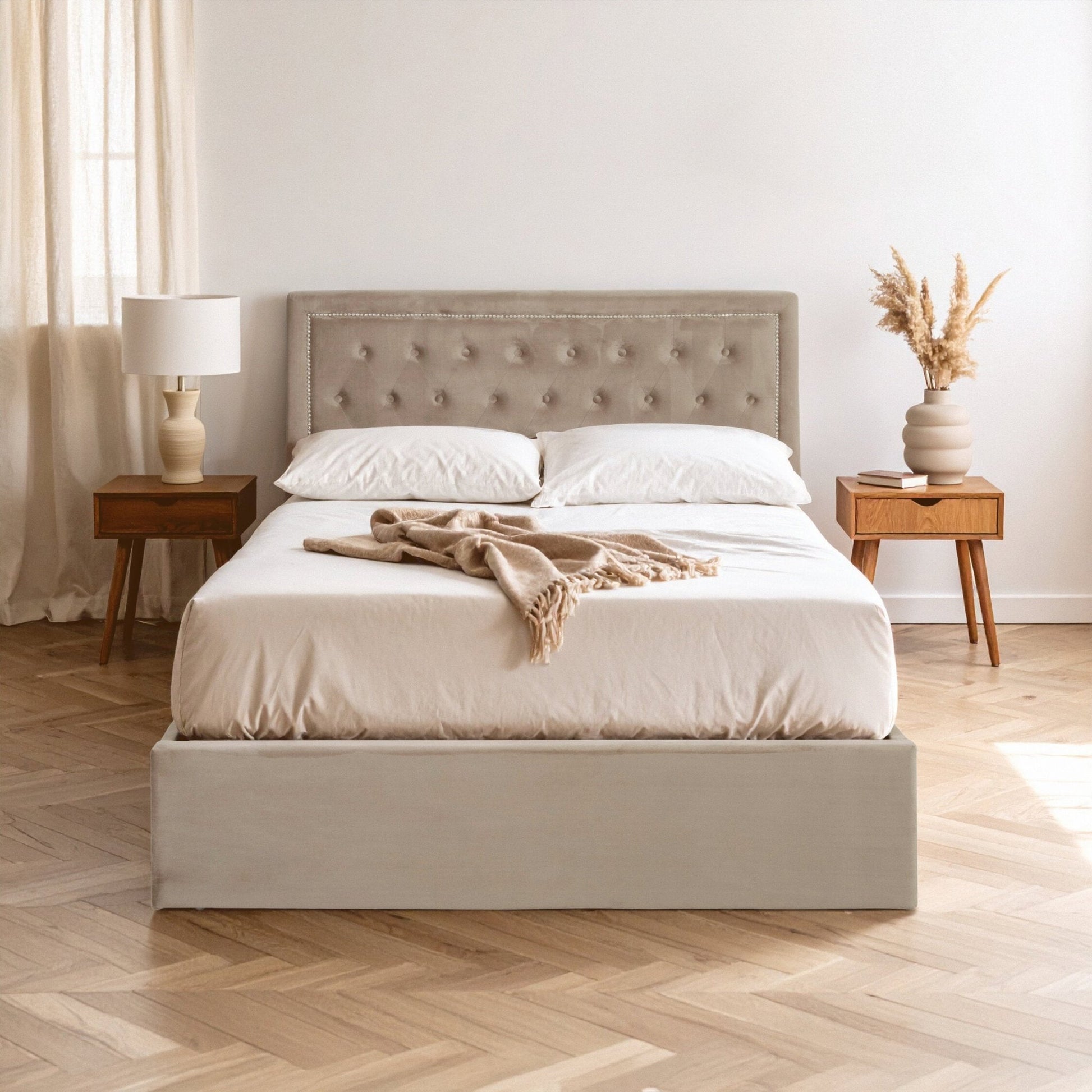Hannah Mink Velvet Ottoman Double Bed | Luxury Home Accessories | Heulog Glow