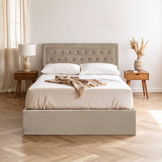 Hannah Mink Velvet Ottoman Double Bed | Luxury Home Accessories | Heulog Glow