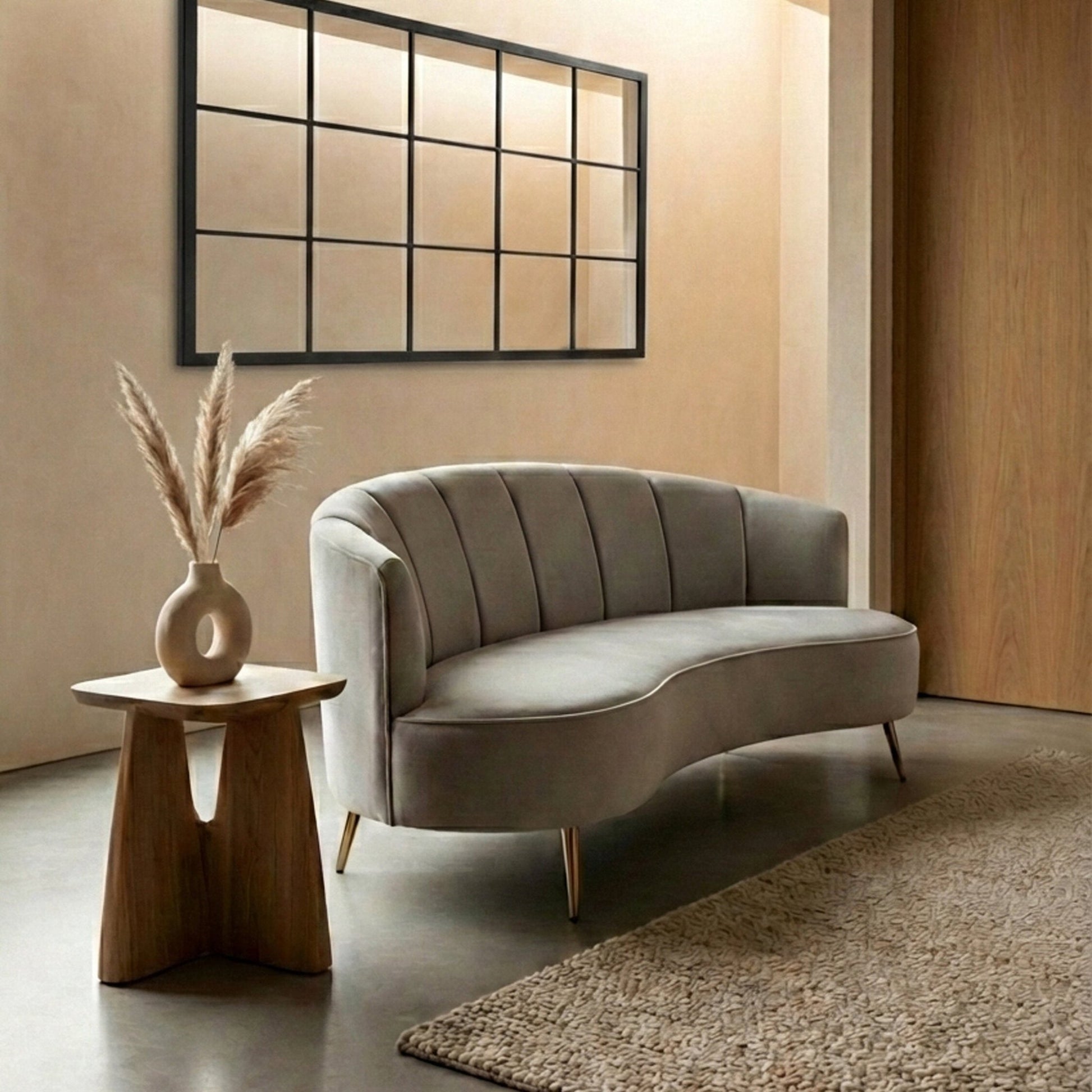 Hasna Three Seat Grey Velvet Sofa | Luxury Home Accessories | Heulog Glow