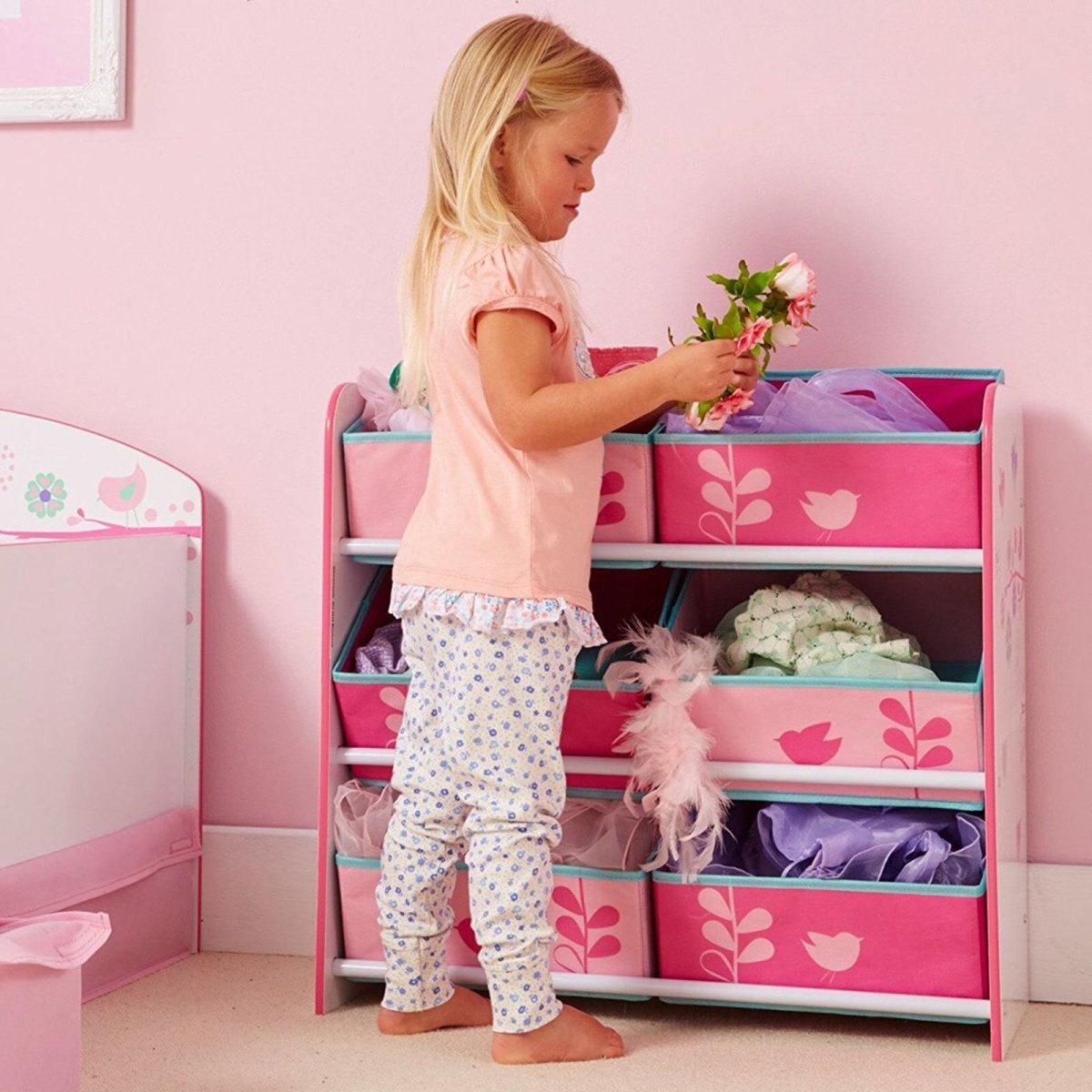 Hello Home Kids Bedroom Toy Storage Unit with 6 Fabric Storage Boxes - Flowers and Birds | Luxury Home Accessories | Heulog Glow