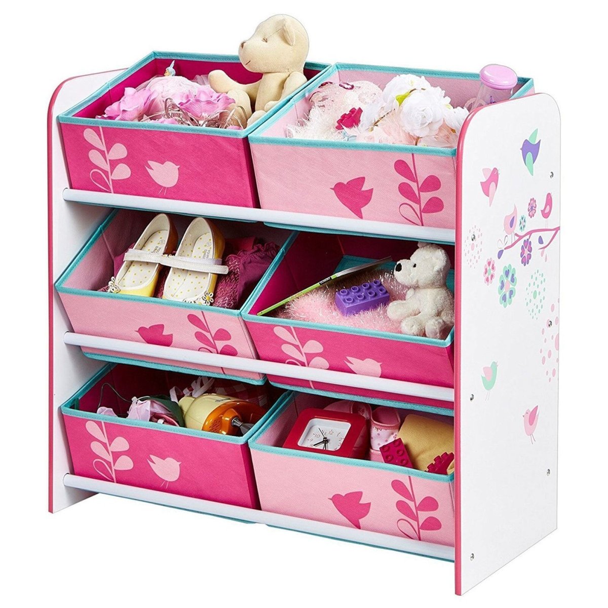 Hello Home Kids Bedroom Toy Storage Unit with 6 Fabric Storage Boxes - Flowers and Birds | Luxury Home Accessories | Heulog Glow