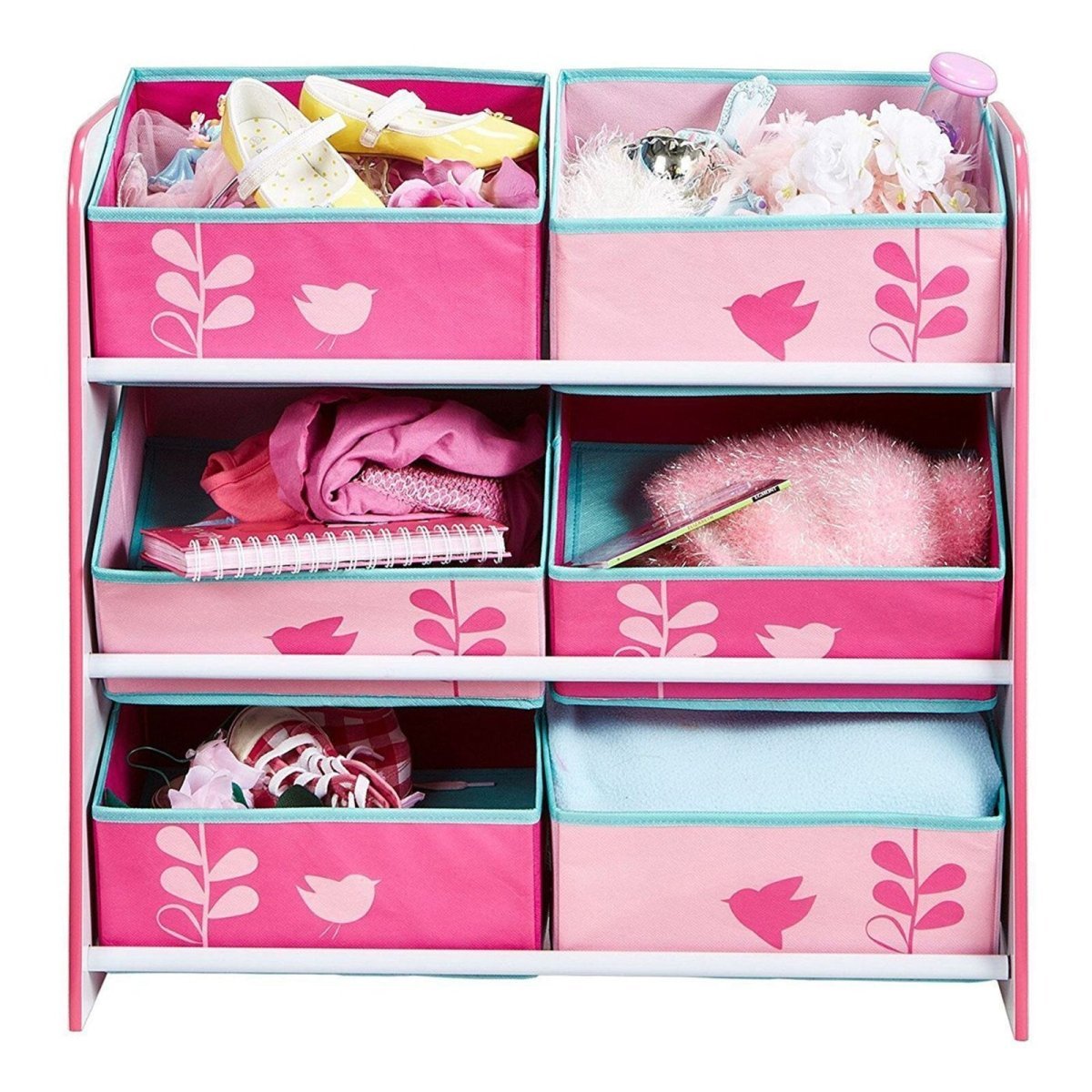 Hello Home Kids Bedroom Toy Storage Unit with 6 Fabric Storage Boxes - Flowers and Birds | Luxury Home Accessories | Heulog Glow