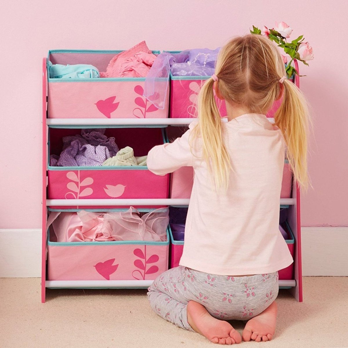 Hello Home Kids Bedroom Toy Storage Unit with 6 Fabric Storage Boxes - Flowers and Birds | Luxury Home Accessories | Heulog Glow